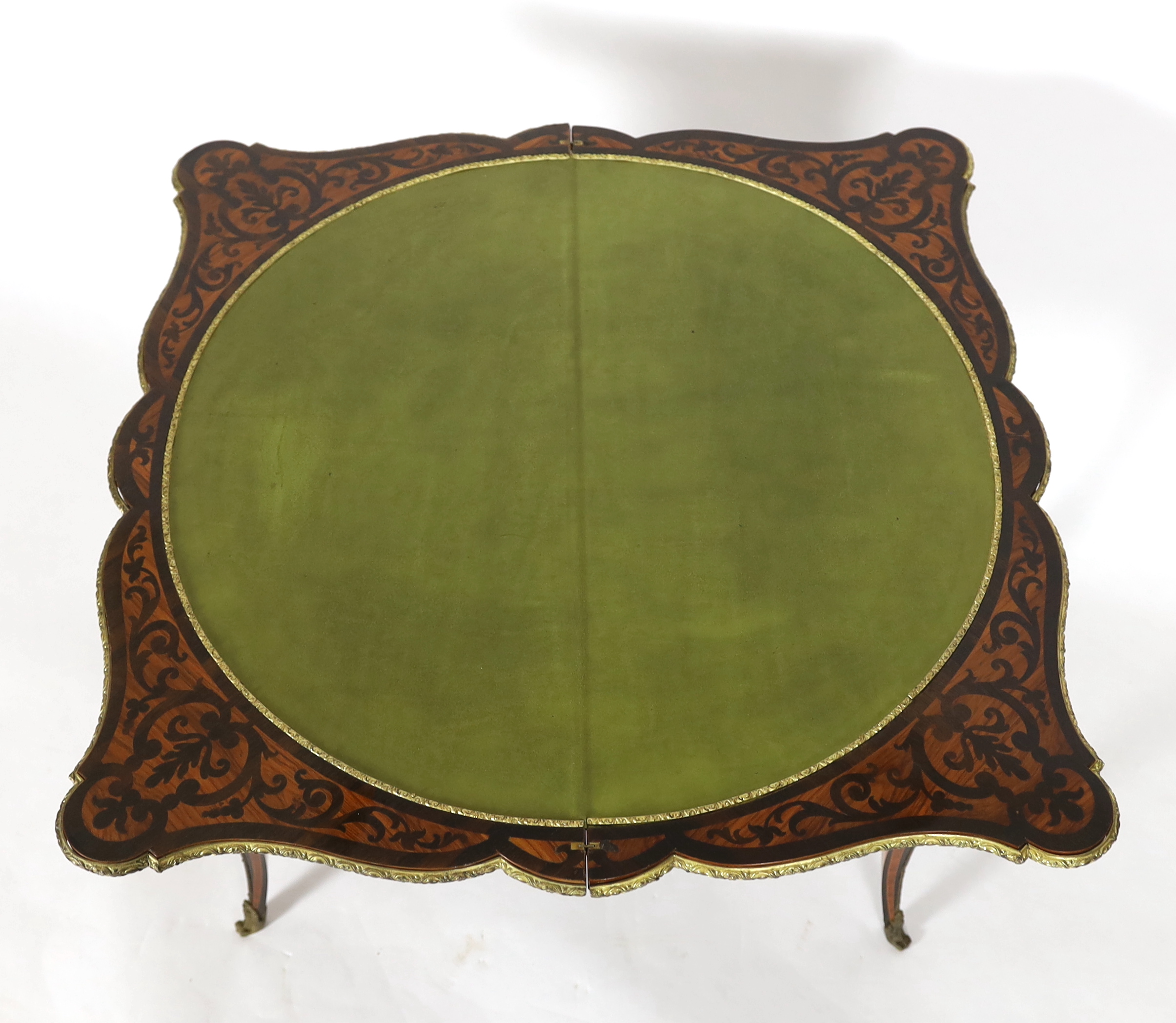 A late 19th century French ormolu mounted marquetry card table 89cm wide, 44cm deep, 78cm high